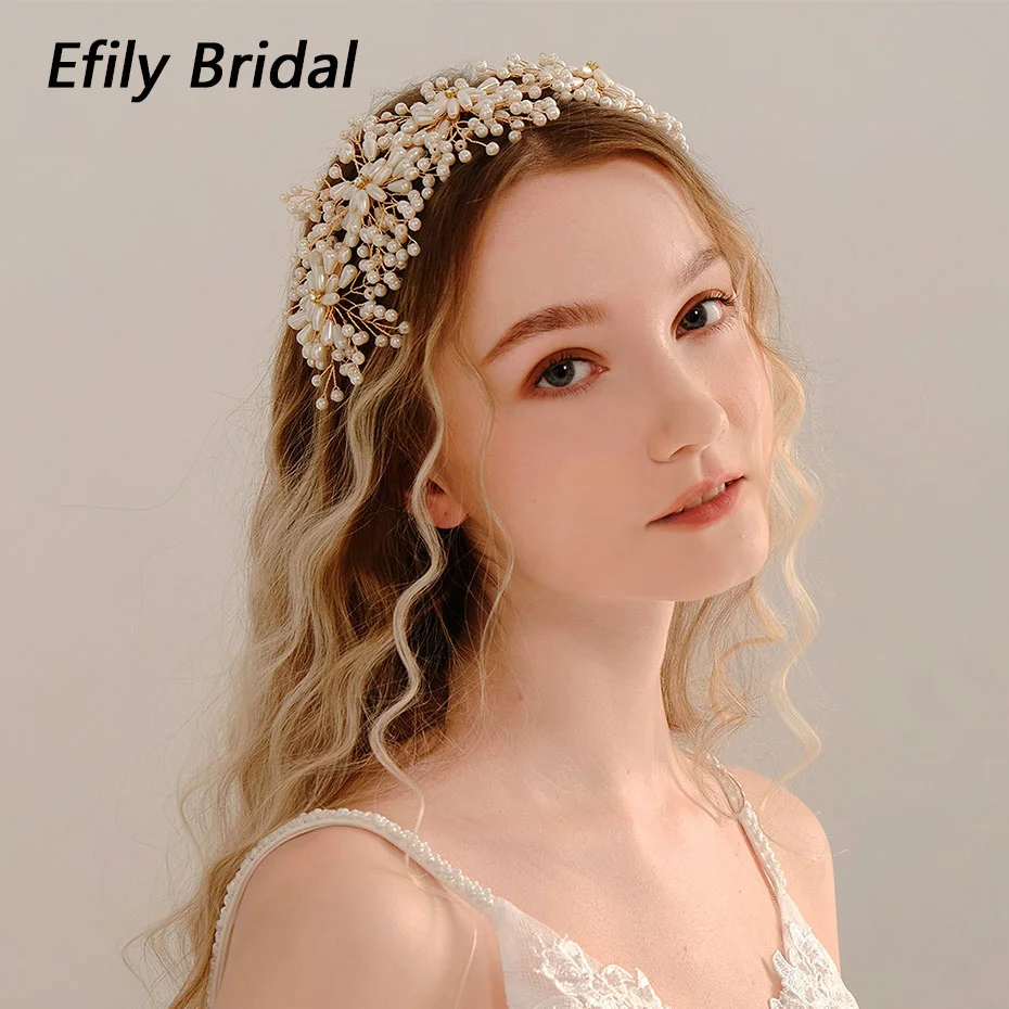 Efily Trendy Handmade Pearl Bridal Headband Headpiece Wedding Hair Accessories for Women Tiara Crown Bride Head Jewelry Gift