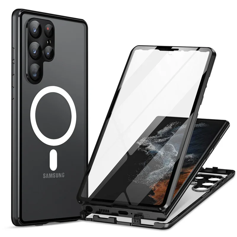 For Samsung Galaxy S23 S24 S22 Ultra Case Magnetic Magsafe 360 Full Screen Glass Metal Aluminum Alloy Frosted Protection Cover