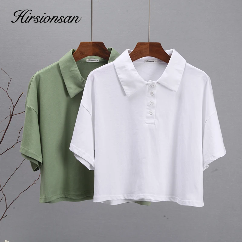 Hirsionsan Polo Neck T Shirt Women Soft Chic Tees 100% Cotton Jumper Clothes Loose Casual Pullover 2022 Summer New Crop Tops tee shirts Tees