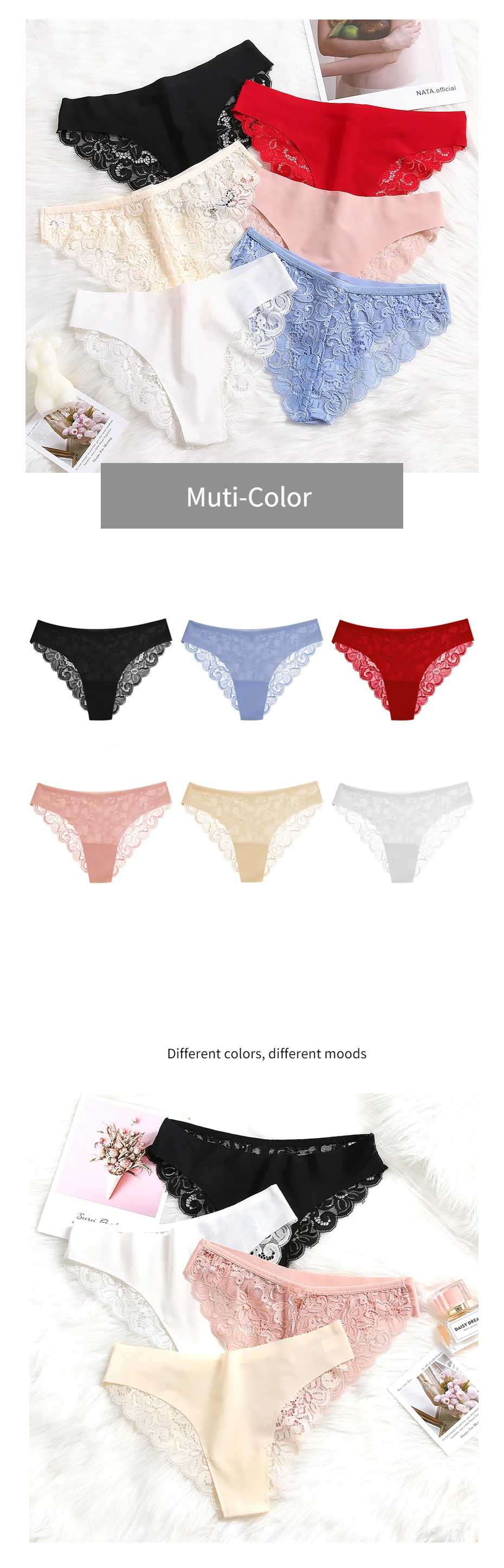 Description Picture 6 of itemBZEL Sexy Lace Briefs Womens Panties Floral Lace Female Underwear Low Rise Lingerie Ice Silk G-string Thong Underpants Tanga