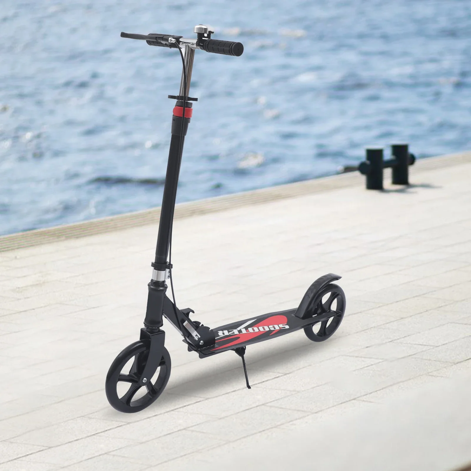 Robuster Roller aus Kohlenstoffstahl für Erwachsene und Jugendliche, faltbarer Roller W | 2 Räder, Handbremse höhenverstellbar, 150 kg Belastung – Detail 1