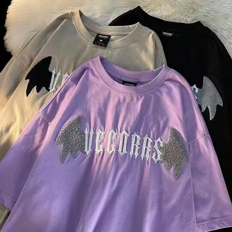 

Embroidery Little Devil Graphic Tees Tshirt for Woman Summer Cotton Short Sleeve Black Y2k Streetwear Cute T Shirt for Women