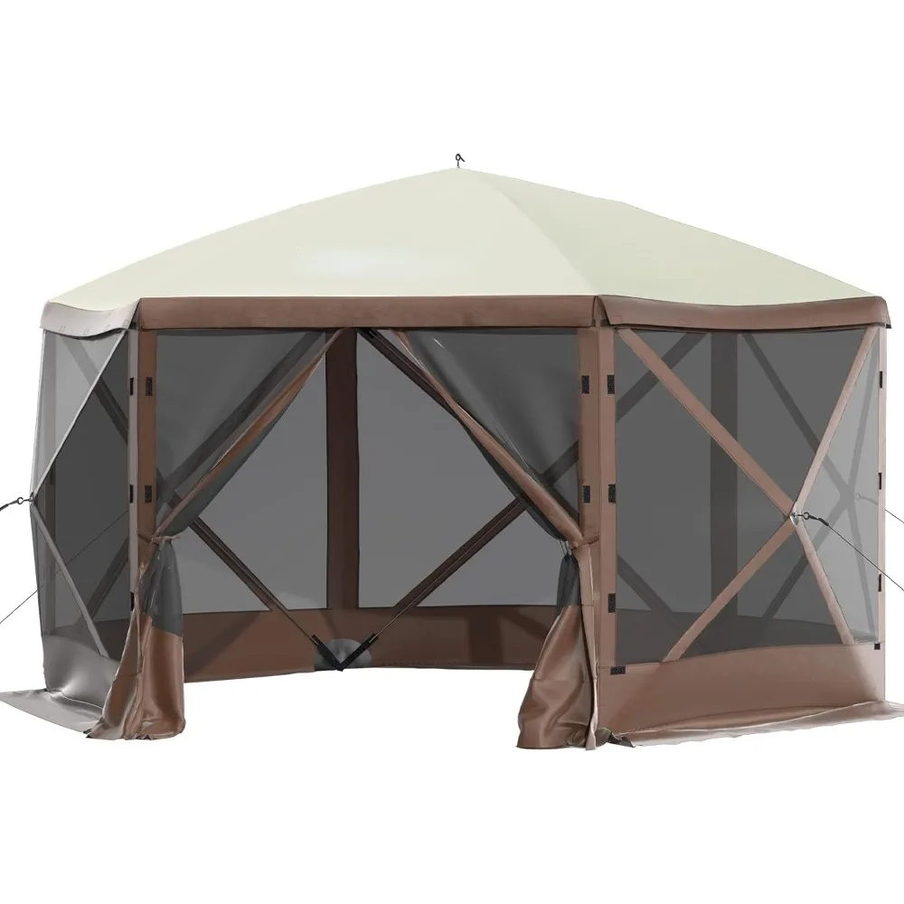 10x10 foot camping pavilion screen tent, 6-sided pop-up shelter tent with mesh windows, large outdoor camping sunshade tent