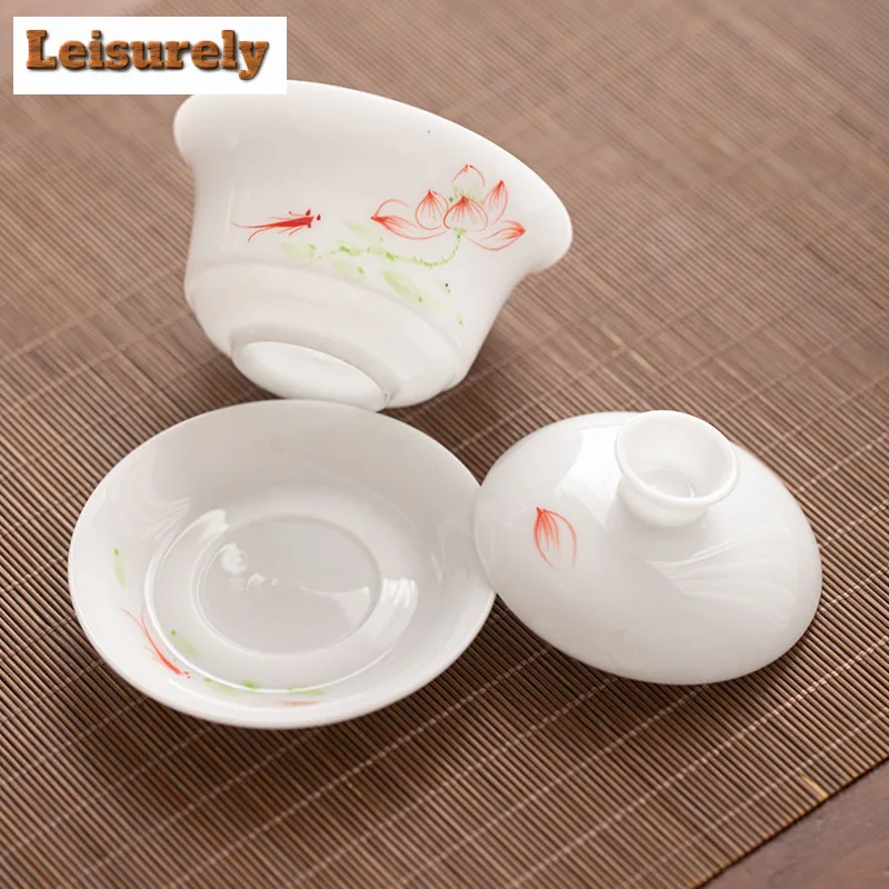 150ml Ice Jade Hand-painted Lotus Gaiwan Traditional Tea Tureen Tea Bowl With Lid Kit Tea Making Cover Bowl Drinkware Collection