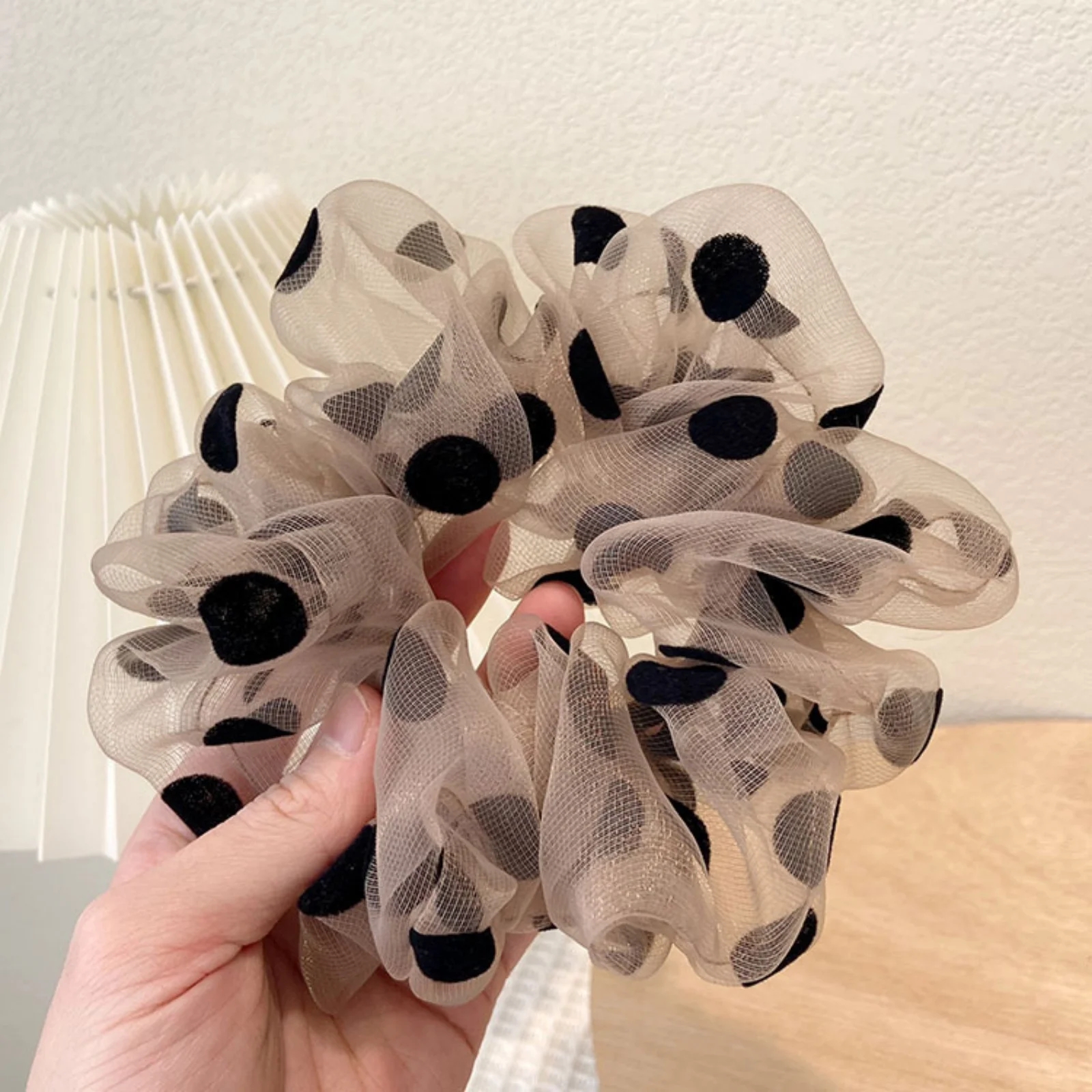 1PC　Polka Dot Organza Hair Scrunchies, Black & Beige Hair Ties, Cute Hair Accessories, Perfect for Adding a Feminine Touch