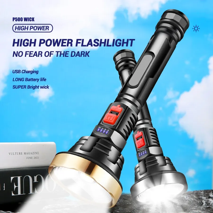 

Big Strong Light Led Flashlight Usb Rechargeable Tactical Hunting Camping Lantern Built In Battery Flash Light Power Display