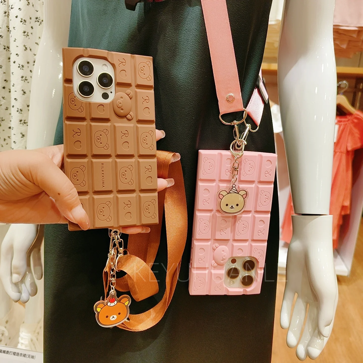 3D Chocolate Silicone Cartoon Bear Crossbody Phone Case with Strap Lanyard