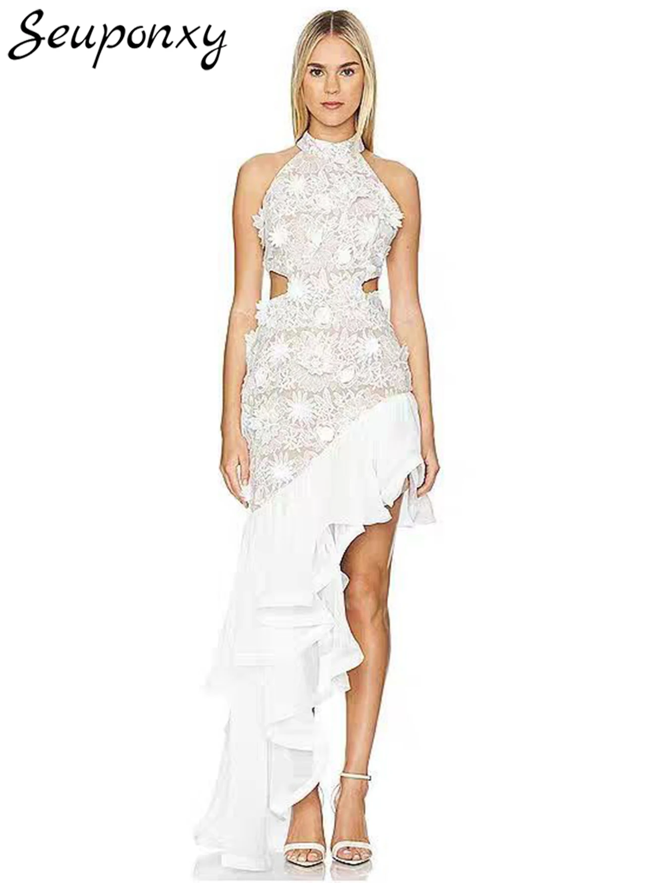 

Женское кружевное платье-макси без рукавов, элегантное вечернее платье с О-образным вырезом и оборками, весна-лето 2024