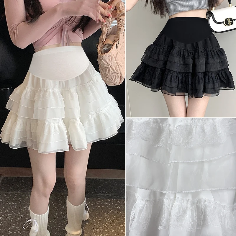 2024 Summer Maternity Cake Skirts Sweet Ruffles Patchwork Lace Ball Gown Skirt High Waist Pregnant Woman Organza Belly Skirt