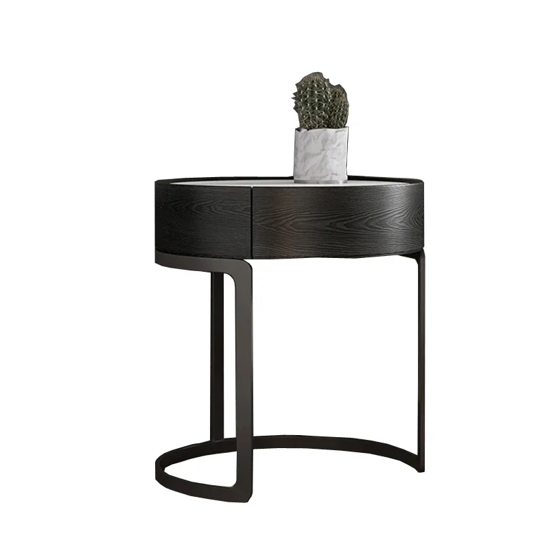 

Minimalist round Bedside Table Stone Plate Bedroom with Drawer Installation-Free Side Table