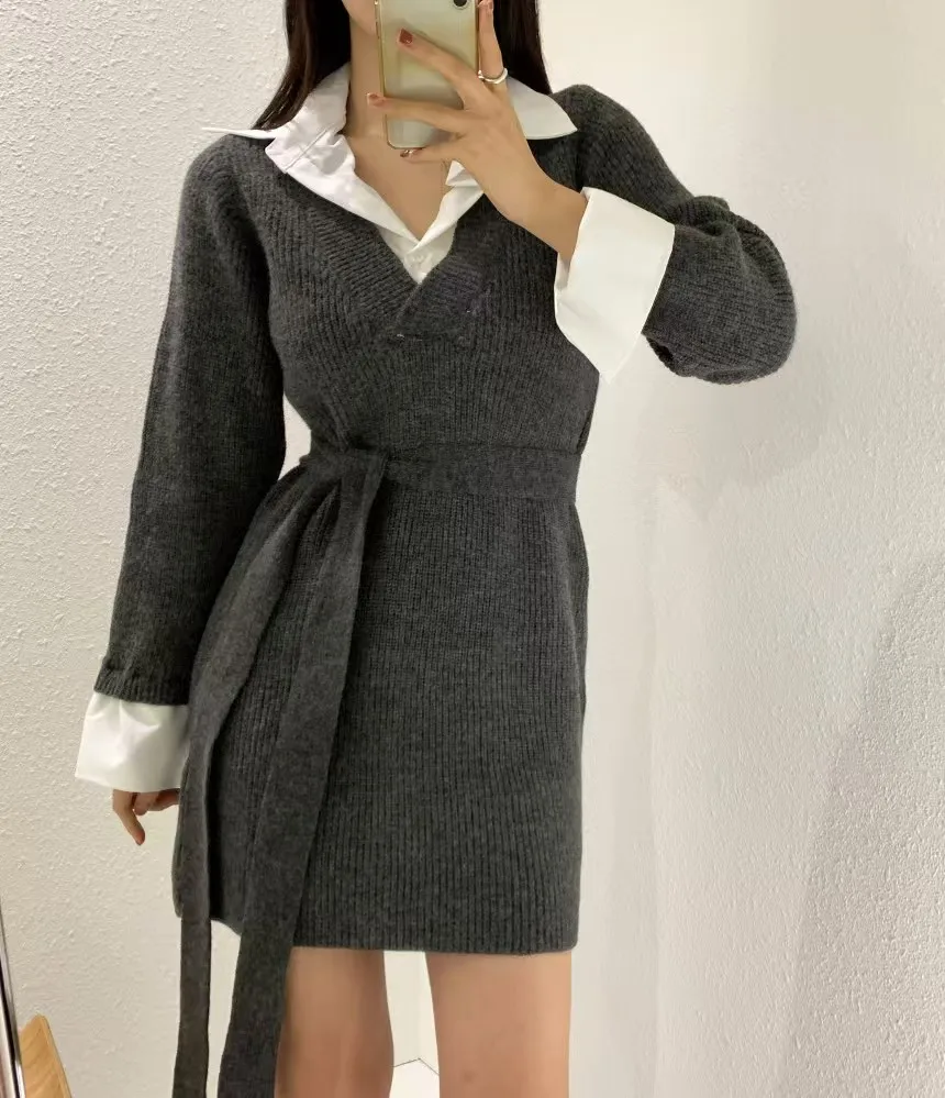 Korean Chic Mini Dresses Women Turn-down Collar Long Sleeve Shirt Patchwork Autumn Winter Knitted Dress Casual Fashion Vestidos