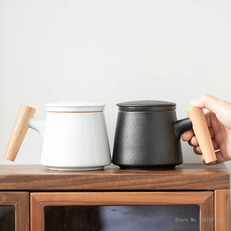 Creative Ceramic Mug with Wooden Handle, Filter Screen, Tea Water Separation, Black, White, Green, Home, Office Cup, 1Pc