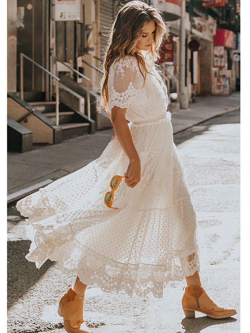 

INS Fashion White Lace Dresses for Women Summer Clothing Short Sleeve V-Neck Maxi Long Dress Streetwear Party Club Dress Vestido