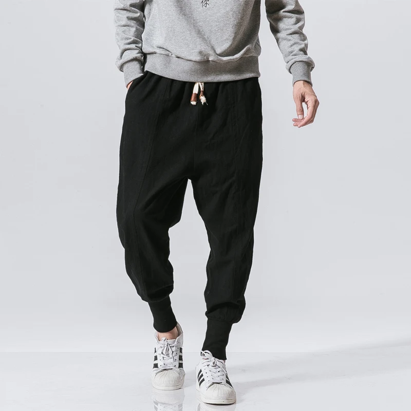 Hip Hop Cotton Harem Pants Men Solid Elastic Waist Streetwear Joggers Baggy Drop-crotch Pants Casual Trousers