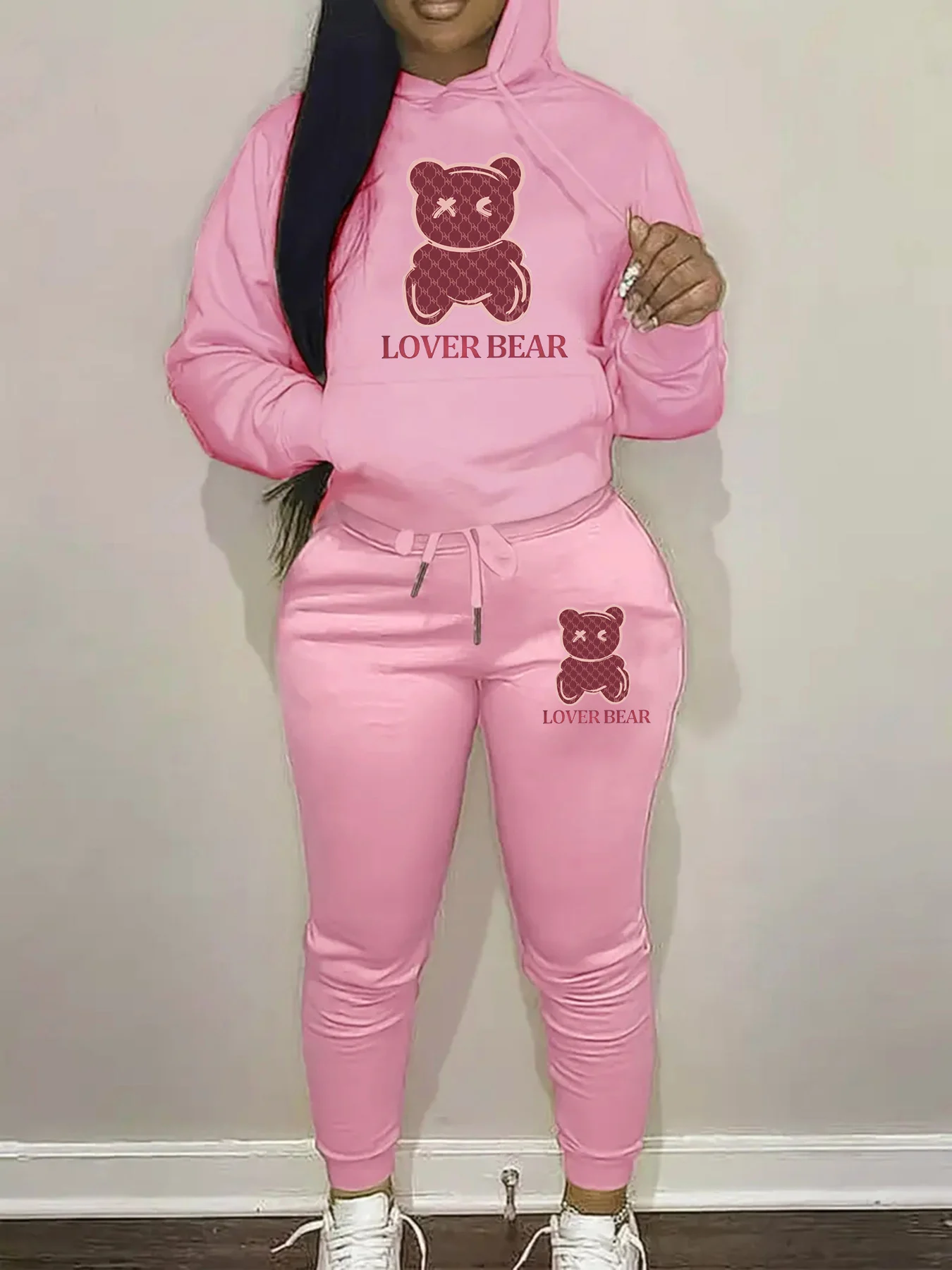 Women's Autumn/Winter Fashion Casual Cartoon Bear Pattern Printed Thick Warm Hoodie+Sports Pants Set 4