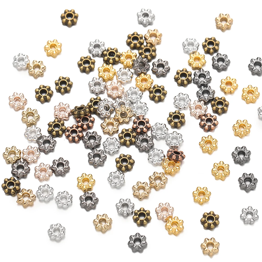 200 Stück 4/6 mm Legierung Schneeflocke Perlen Blume Spacer lose Perlen für DIY Armband Halskette Schmuckherstellung Zubehör Zubehör – Detail 3