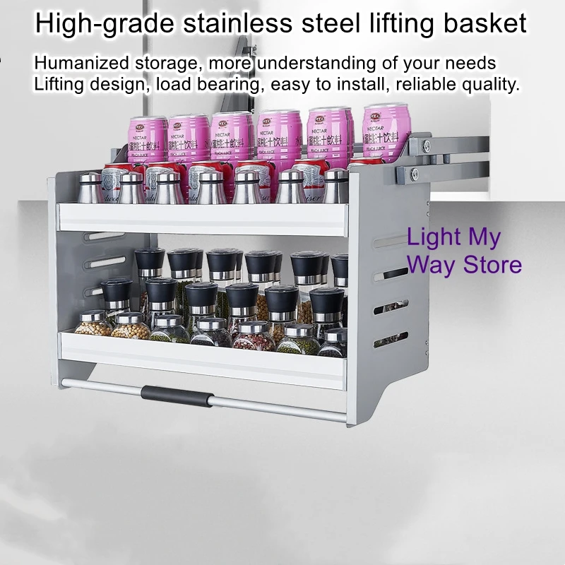 Lifting basket kitchen pull-down cabinet storage rack stainless steel aluminum alloy basket storage rack hanging cabinet