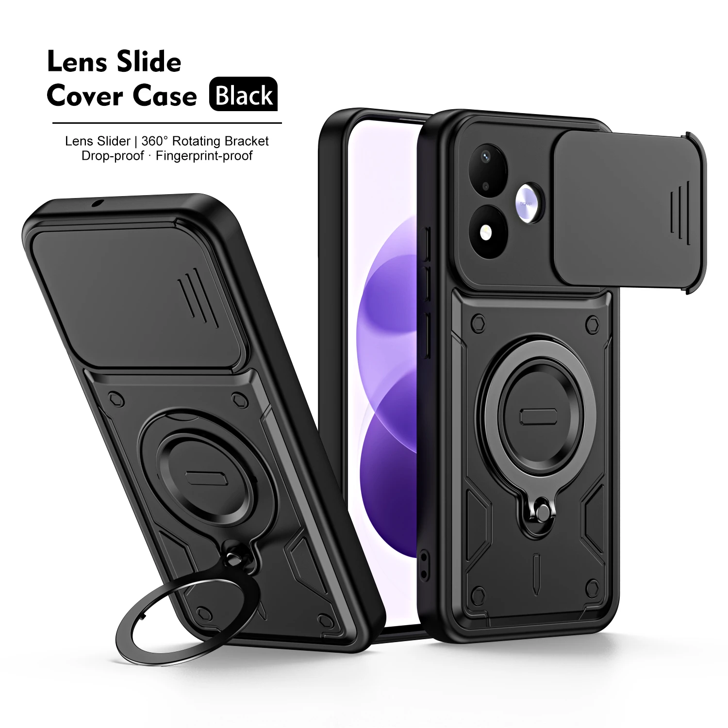 Rugged Armor Shockproof Case with Slide Camera Lens Protector and Metal Ring Stand