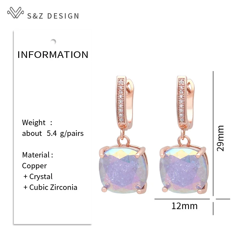 S&Z DESIGN New Fashion Cubic Zirconia Ice Crack Square Crystal Dangle Earrings For Women Jewelry 585 Rose Gold Color Eardrop