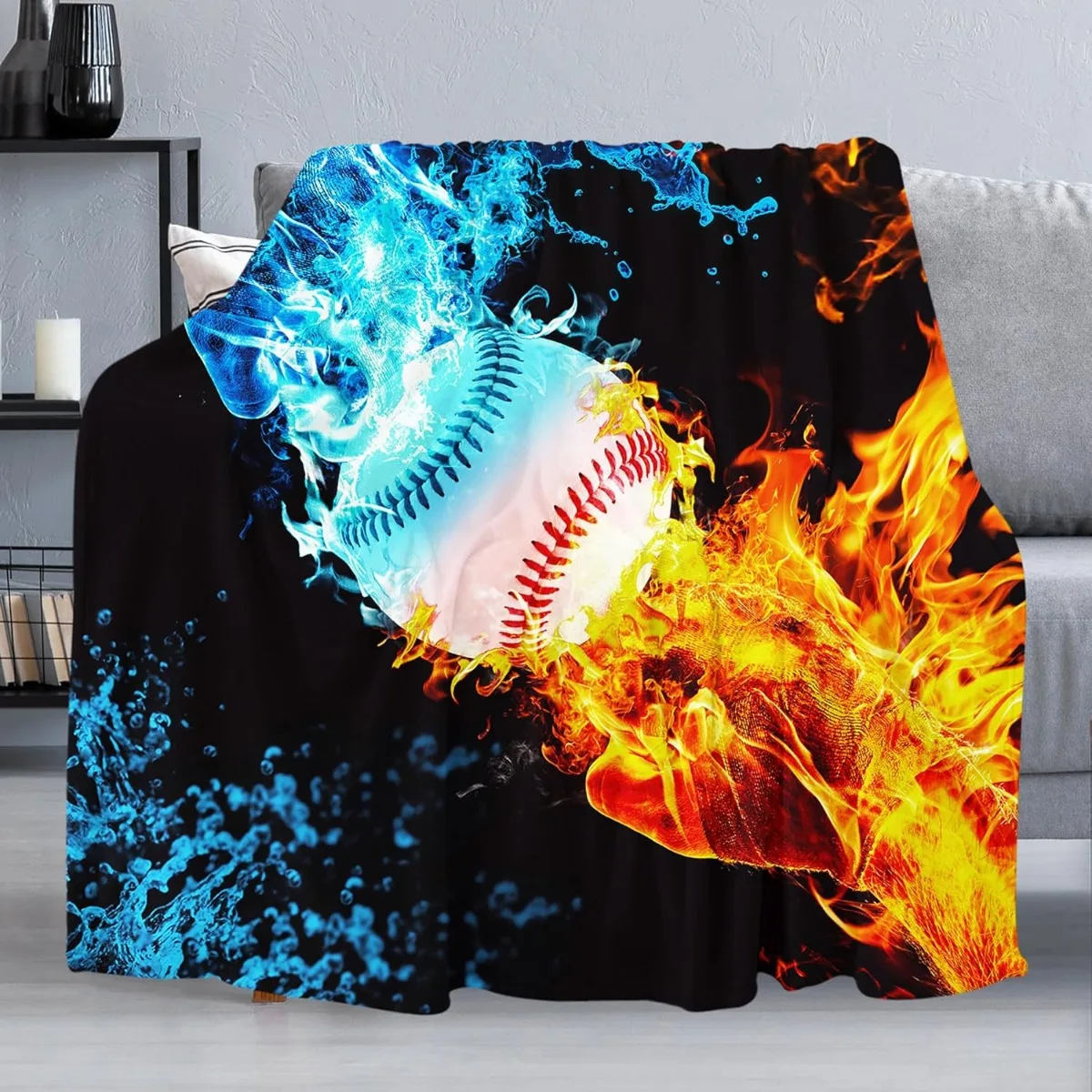 Fire & Ice Basketball Blanket for Couch, Lightweight Warm Blanket Cozy Soft Flannel Blanket, Decorative Fuzzy Throws for Sofa