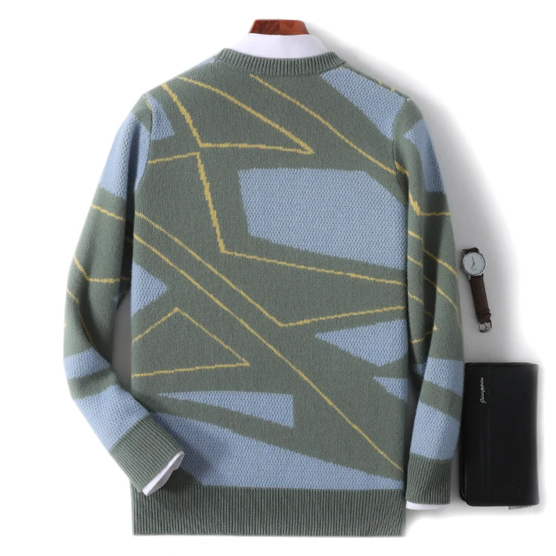 Autumn Winter 100% Merino Wool Thick Warm Men's Round Neck Sweater Knitted Pullover Contrasting Clothing Long Sleeves coat