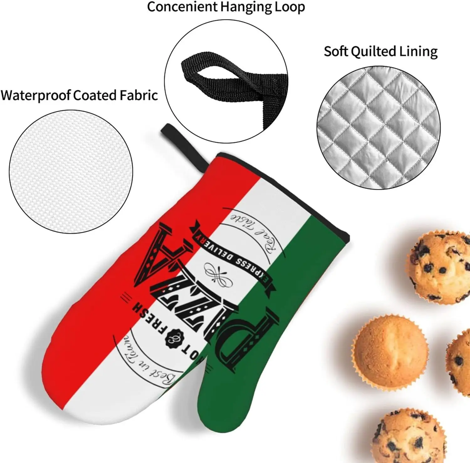 Italian Flag Pizza Oven Mitts 2 Pcs Kitchen Oven Gloves Pairs Heat Resistant Waterproof and Durable for Cooking Baking Grilling