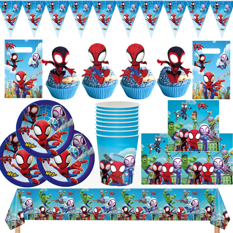 

Happy Birthday Party Spider Man Theme Decorations Tableware Cup Plate Napkin Tablecloth Pennant Gift bag Cake Toppers 85pcs/lot