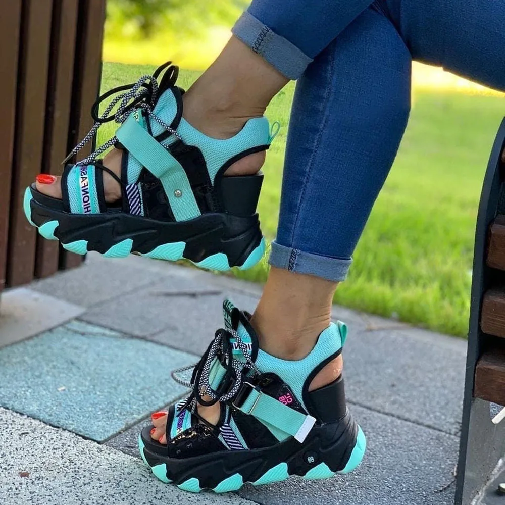 Platform High Heels Sandals Women Chunky Mixed Color Sports Wedge Casual Beach Shoes 34