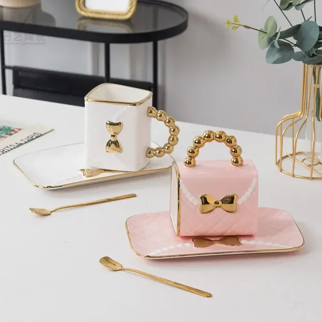 Creative Light Luxury Bag Shaped Ceramic Mug Personalized Coffee Cup Plate Set Home Drinking Cup Girl Gift Home Decoration 2