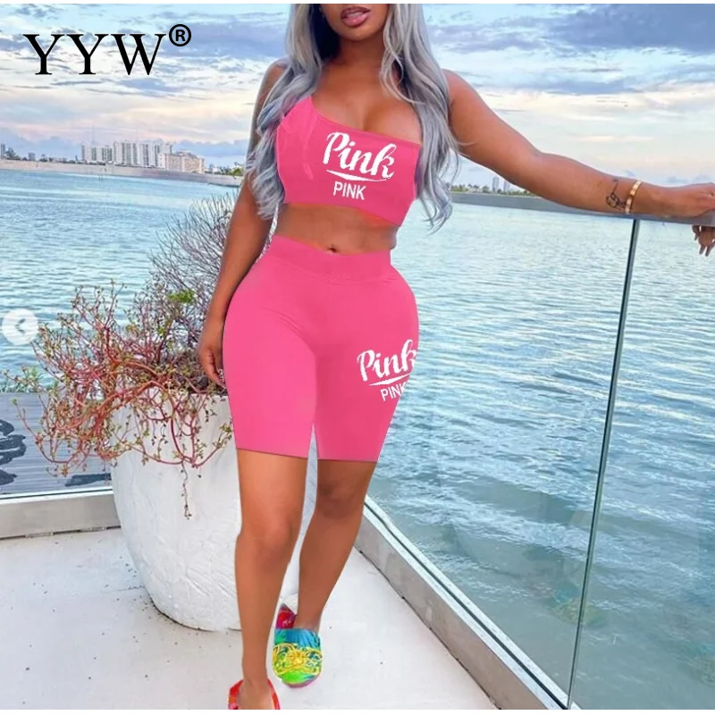 

Women's Sleeveless Tank Top + Shorts Pants Femme Casual Tracksuits Fitness Outfits PINK Letter Print Two Piece Sets 2022 Summer