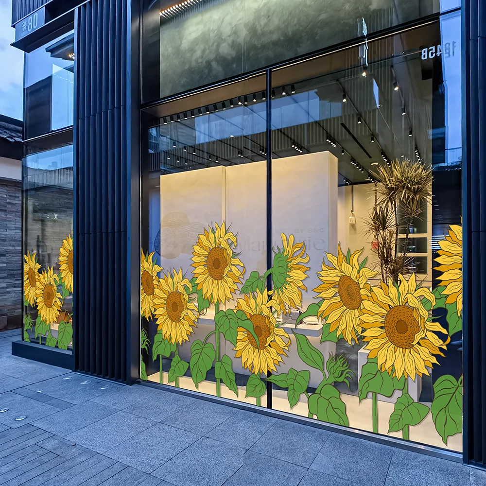 spring and summer flower clothing store window sliding door decoration scene layout glue free glass sticker window fi