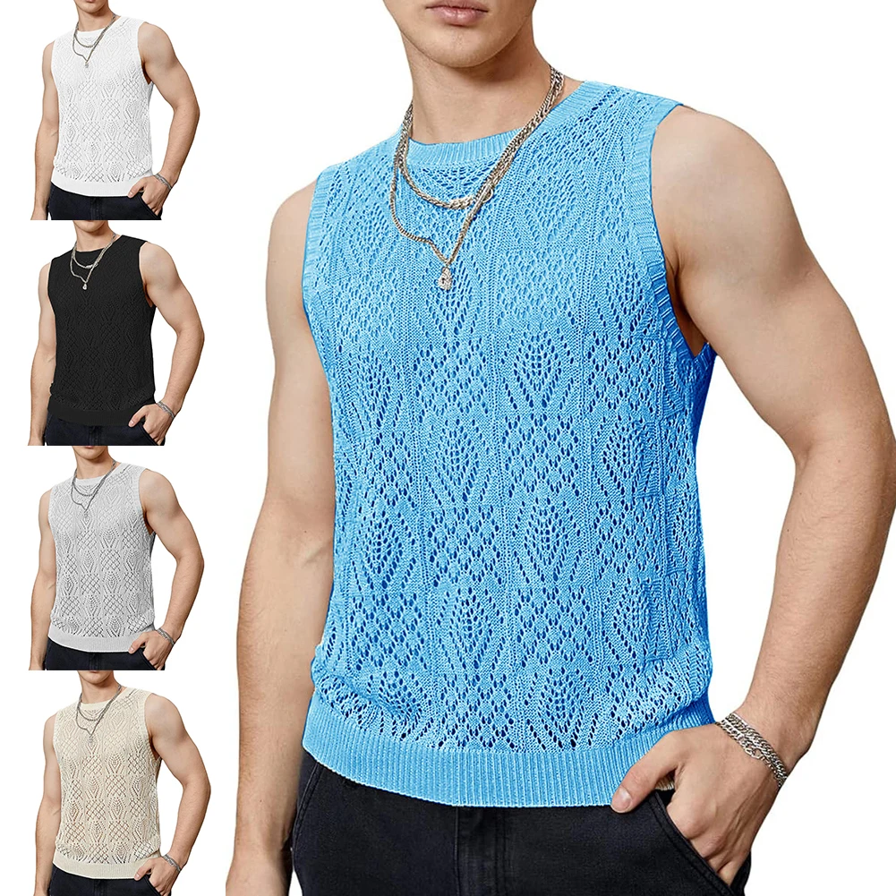 Description Picture 3 of itemStreetwear Vest Fashion Hollow Out Mesh Knitted Tanks Men Polyester S-2XL Streetwear Summer Sleeveless Tank Top