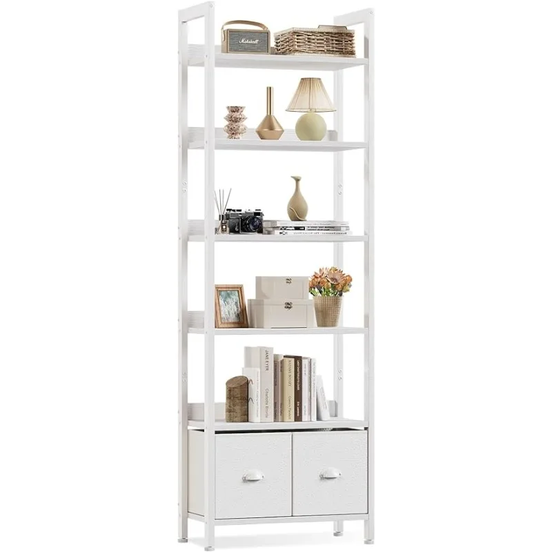 

White 6 Tier Bookshelf with Drawers, Tall 71" Bookcase with Shelves, Modern Wood and Metal Book Shelf Storage Organizer