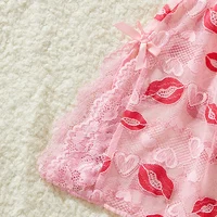 New Women's Lip Print Heart-shaped Printed See Through Pink Lace Backless Nightgown Babydolls Pajama Dress Set - Image 4
