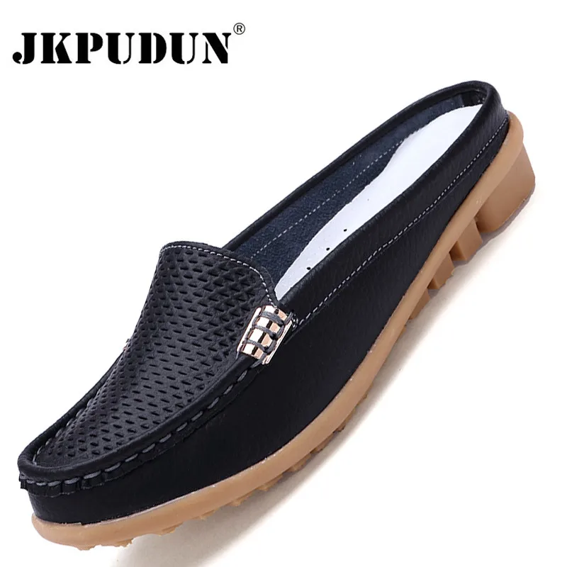 Women Casual Shoes Hollow Out Lady Half Lofers Genuine Leather Flats Moccasins Women Luxury Brand Half Slippers Zapatillas Mujer