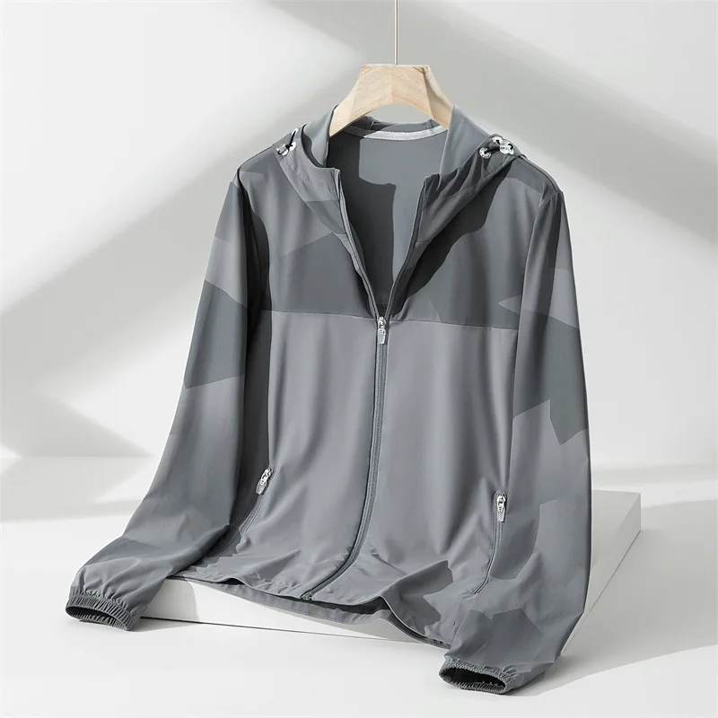 Sunscreen Men Running Jacket Printed Zipper Pocket Hoodie Sweatshirt Hiking Fishing Jogger Casual Workout Fitness Cycling Jacket