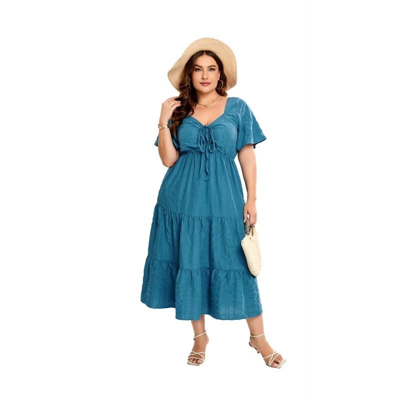 

Cross-Border V-neck High Waist Dress Long Short Sleeve plus Size Dress