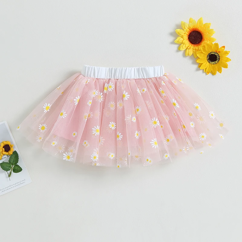 Kids Girls Skirt Elastic Waist Flower Print Tulle Skirt Summer Tutu for Casual Daily