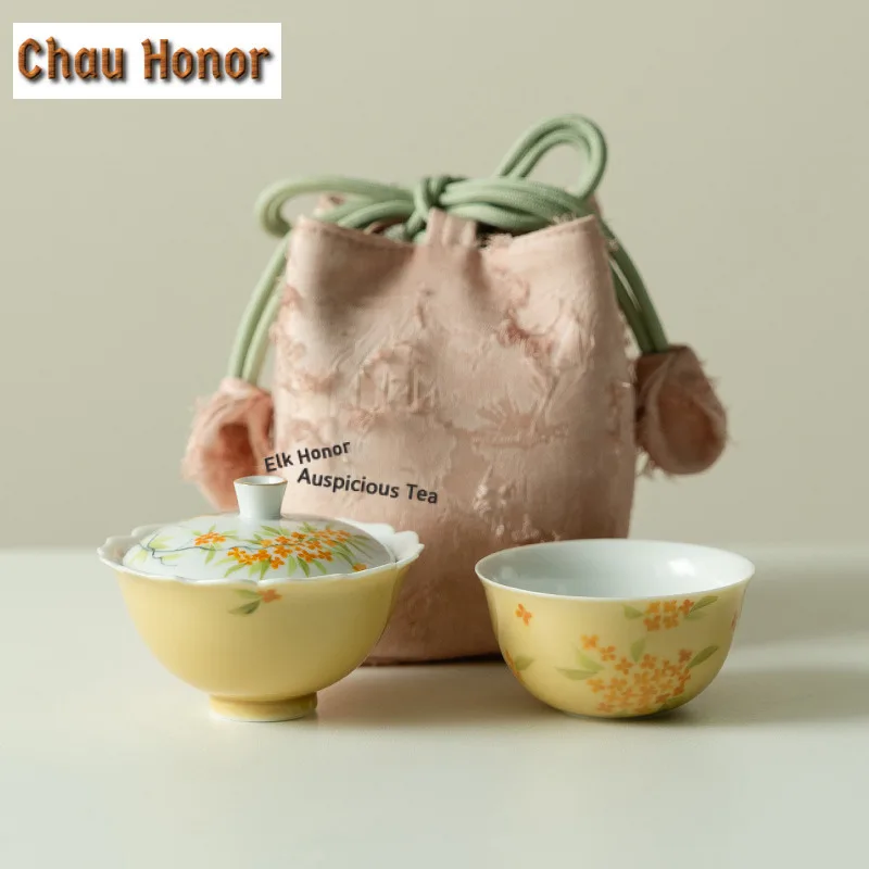 Hand-painted Osmanthus Flowers Travel Tea Set Kit Antique 1 Pot 1 Cups Tea Making Organizer Portable Picnic Tote Bag Supplies