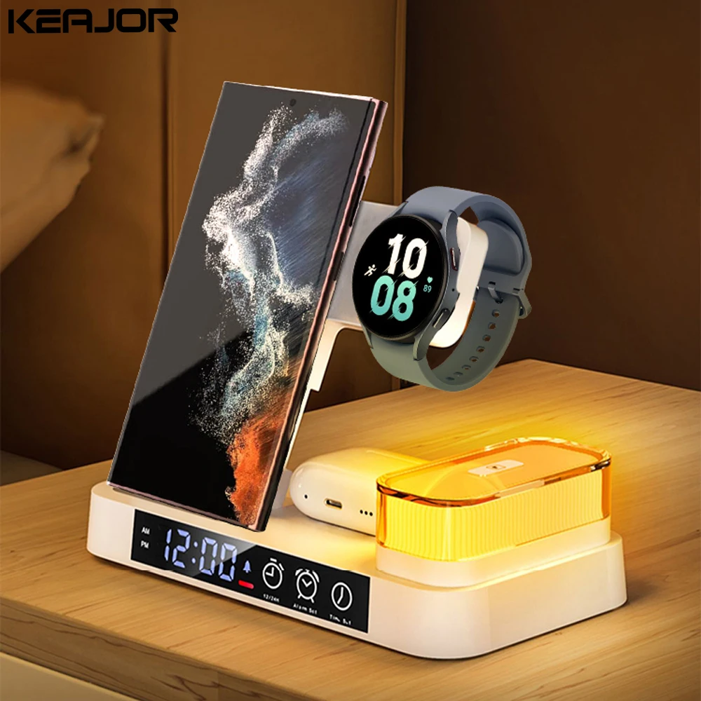 

Wireless Charger 3 in1 S23 S22 S21 Ultra 30W Fast Charging Station Watch 5/5 Pro/4 Chargers Stand New Alarm Clock Night Light