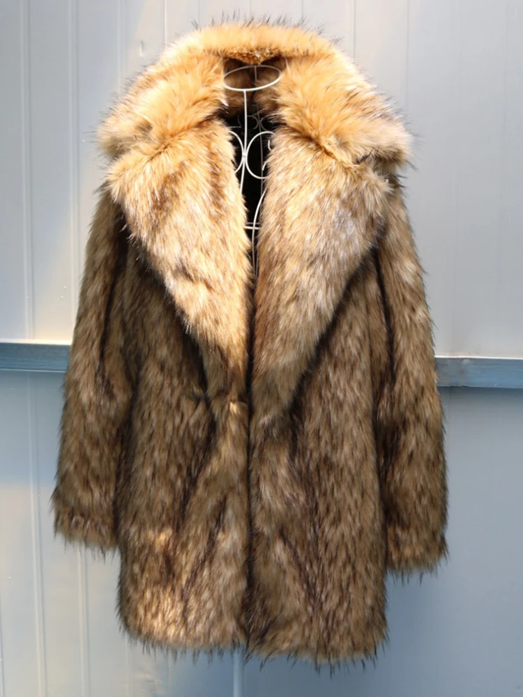 Faux Raccoon Fur Coat Men's Long Overcoat Winter Fake Fur Jacket Fashion Fluffy Jacket 2023 New Thick Warm Outerwear