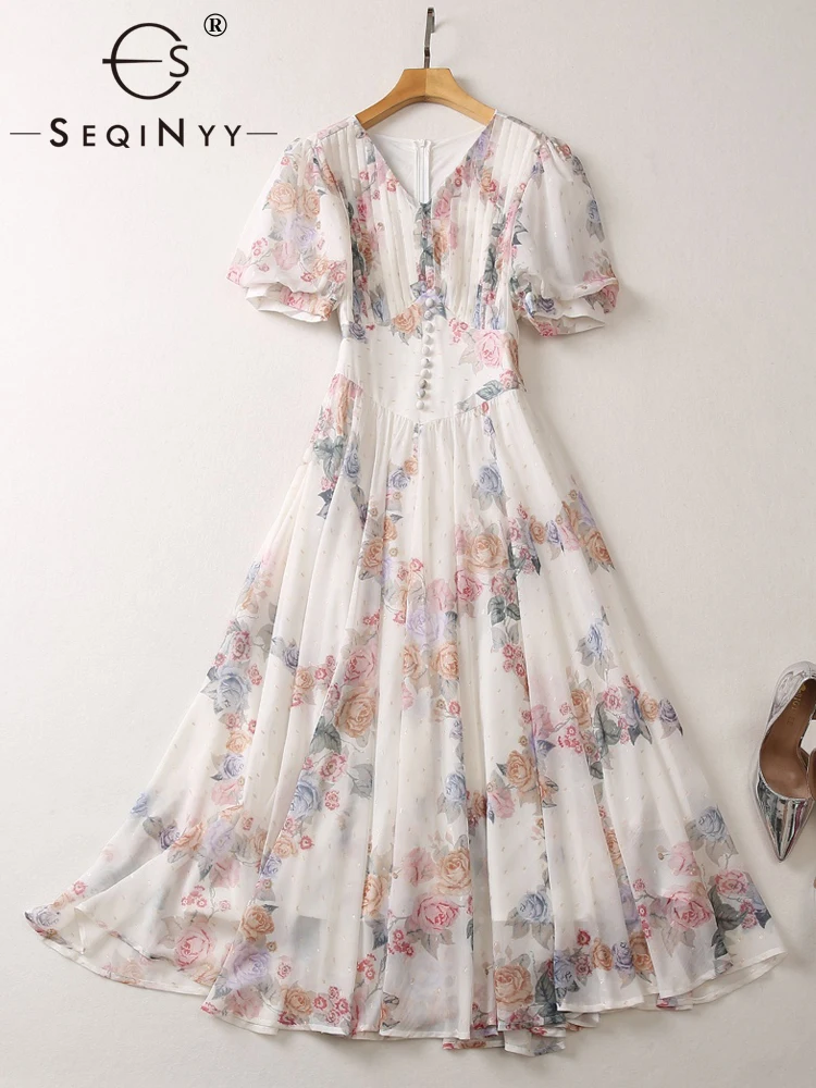 

SEQINYY Chiffon Midi Dress Summer Spring New Fashion Design Women Runway High Street Vintage Flowers Print A-Line Casual