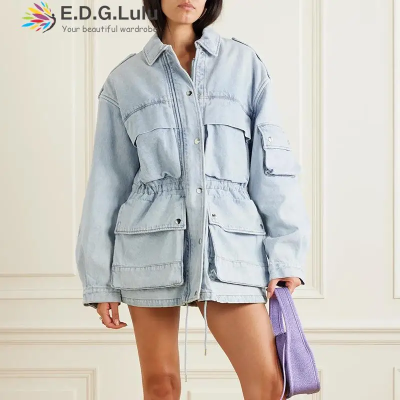 

EDGLuLu Autumn Women Turn-Down Collar Single Breasted Denim Jacket Female Multiple Pockets Jeans Jacket Coats Streetwear 0916