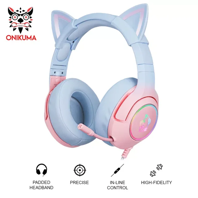 （Original Box）Onikuma K9 Pink Cute Cat Ear Headphone with Mic Gaming Headset and Noise Cancelling with Led Light Powder blue 3.5mm