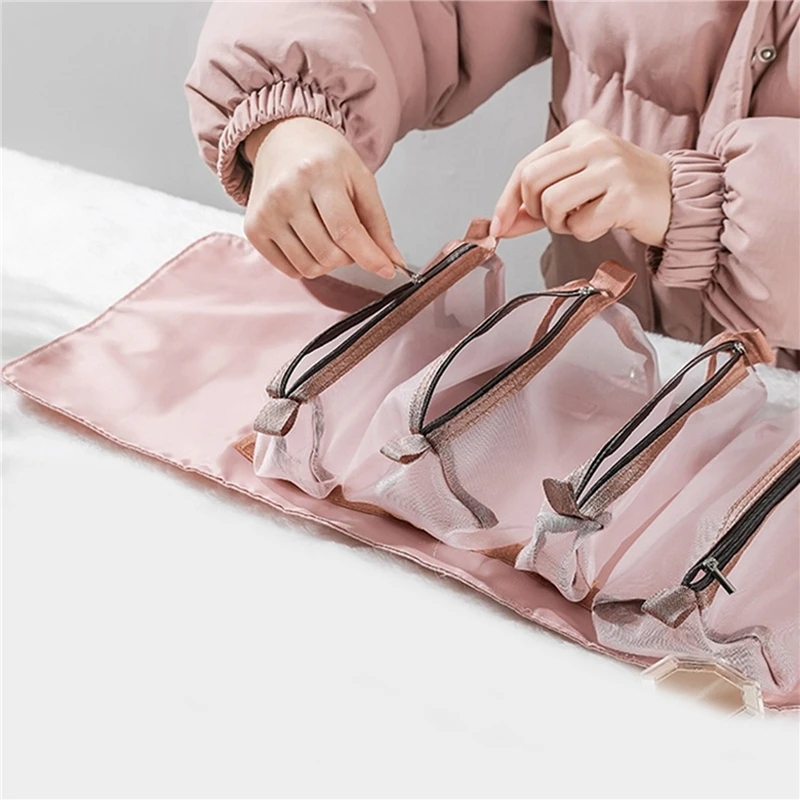 여성용 화장품 가방, 여행용 메쉬 멀티 포켓 메이크업 박스 가방, 세면 용품, 멀티 그리드 메이크업 브러쉬, 립스틱 보관 가방