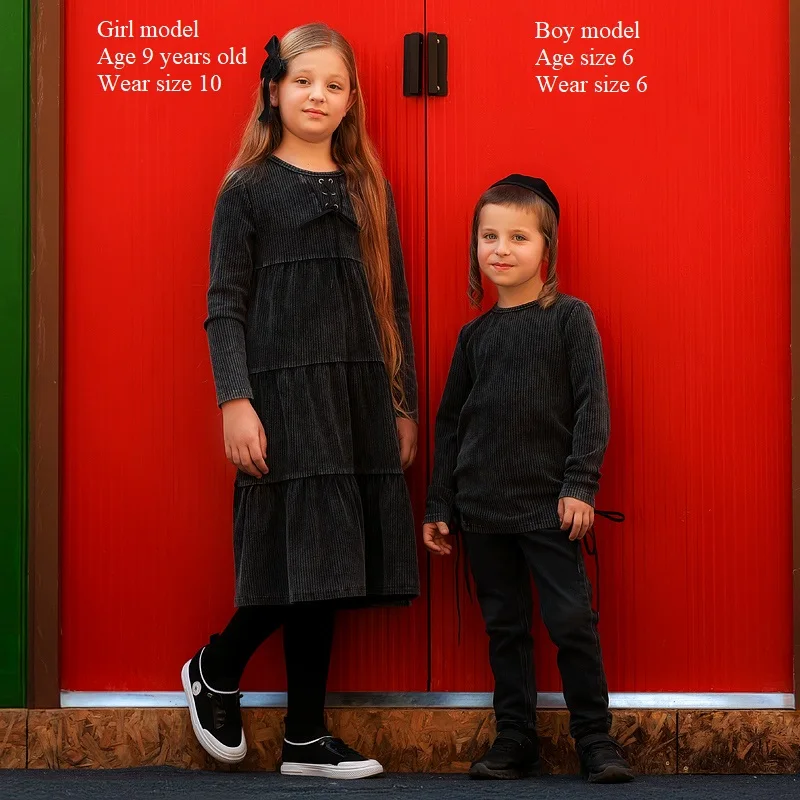 Family Matching Long Sleeve Vintage Outfit Set – Midi Dress & Kids Top-Trouser Combo