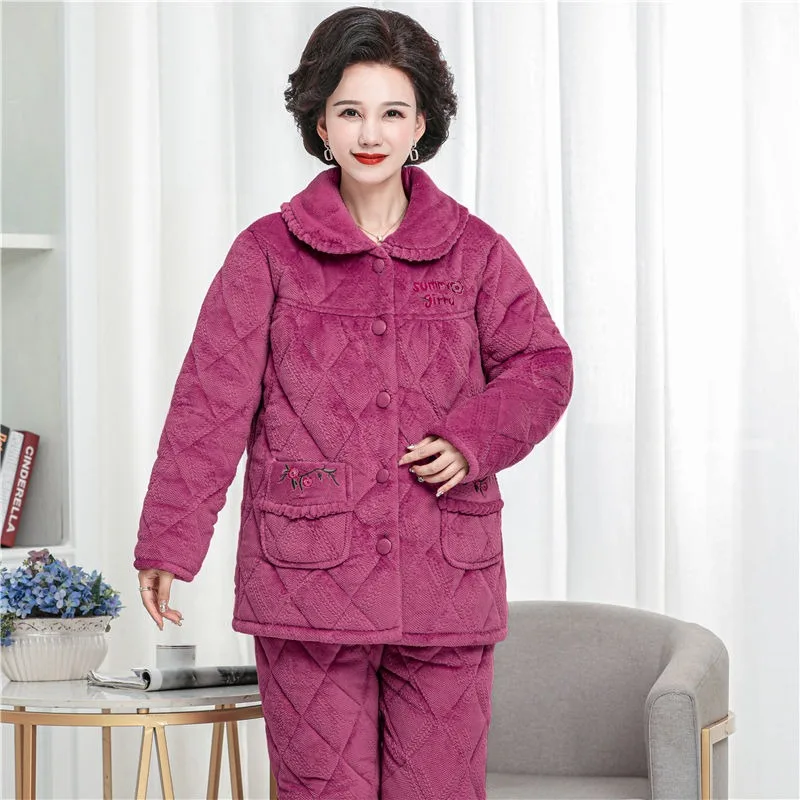 Cotton Pajamas Women's Winter New Three-layer Thickened Loungewear Coral Velvet Home Clothes Elderly Mother Sleepwear Outfit