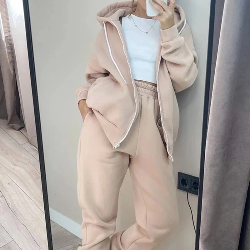 

Elegant Zipper Long Sleeve Hooded Jacket & Long Pant Outfit Women Casual Solid Two Piece Suit Women Fashion Tracksuit Loose Set