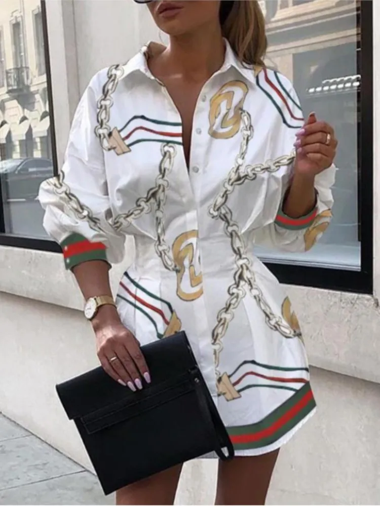 

Sexy Slim Shirt Dress Women Spring Summer Long Sleeve Lapel High Waist Ruched Short Dresses Chain Print Ladies Mini Vedtidos