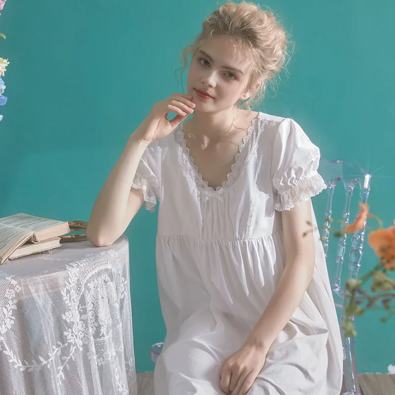 

Винтажная королевская принцесса Хлопковые женские ночные рубашки летняя Пижама с коротким рукавом Свободные ночные рубашки для девочек